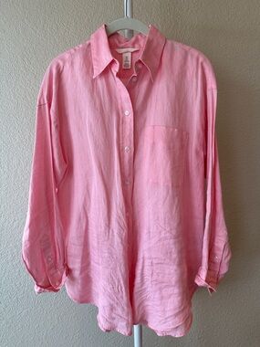 H&M 100% linen pink button down long sleeve shirt size small